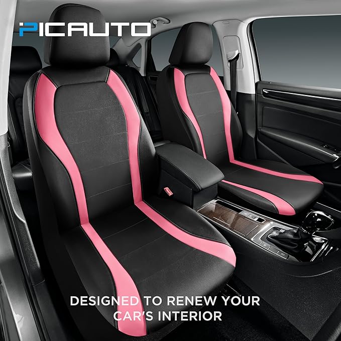PIC AUTO Leather Car Seat Covers, Premium Automotive Waterproof Two Front Bucket Car Seat Protectors, Black and Pink PVC Patchwork, Fits for Cars, Trucks, Van, SUV, Airbag Compatible