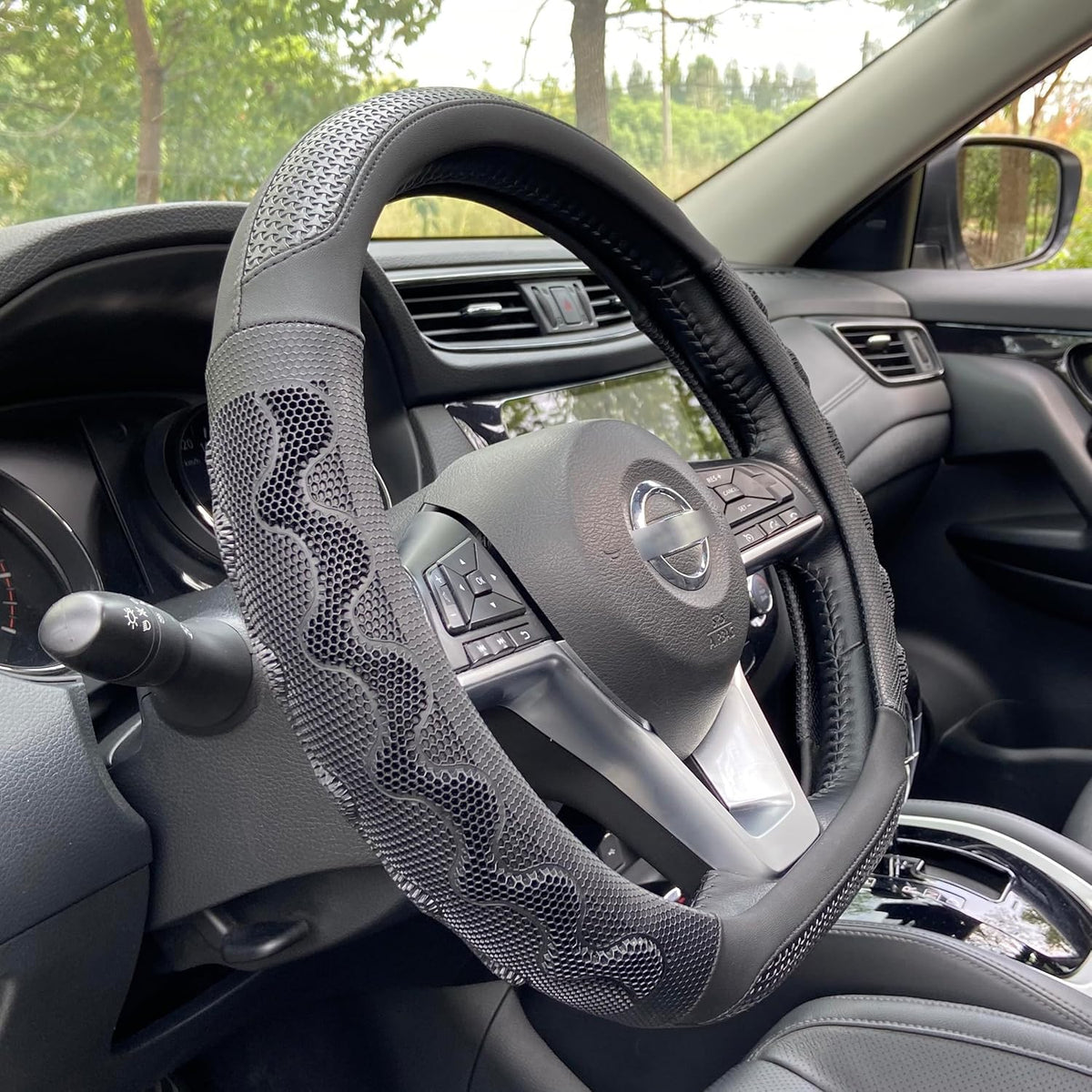 PINCTROT D Shaped 14 Inch Small Sized Steering Wheel Cover Great Grip with 3D Honeycomb Anti-Slip Design, Flat Bottom 14 Inch (All Black)