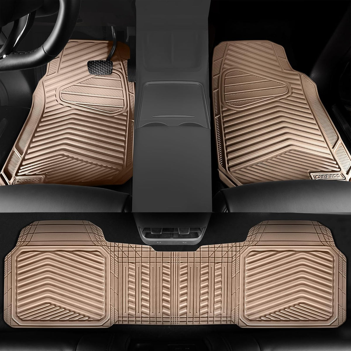 CAR PASS Rubber Car Mats,Car Floor Mats All Weather Car Mat Full Set 3 Piece Tan Waterproof Automotive Floor Mat Trim to Fit for Cars Sedan SUVs Small Trucks Heavy Duty Anti-Slip Easy Clean, All Beige