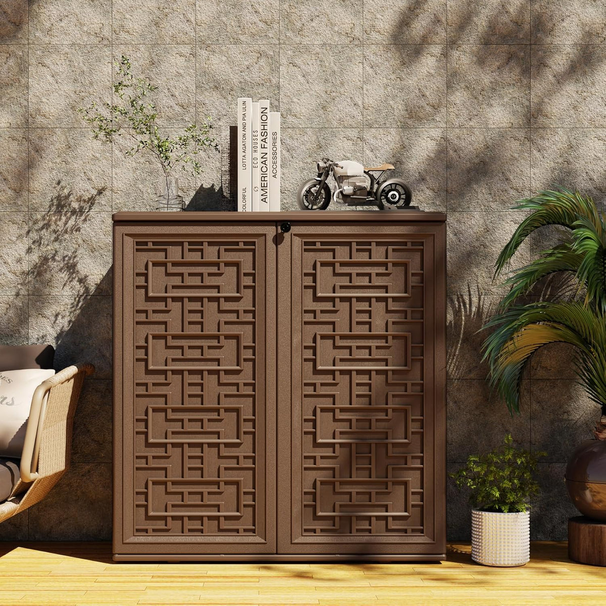 Indoor Outdoor Storage Cabinet Waterproof with 1 Shelf, Plastic Outdoor Storage Cabinets for Patio/Garden/Backyard, Size 34.3''L*15''W*36.2''H(Brown)