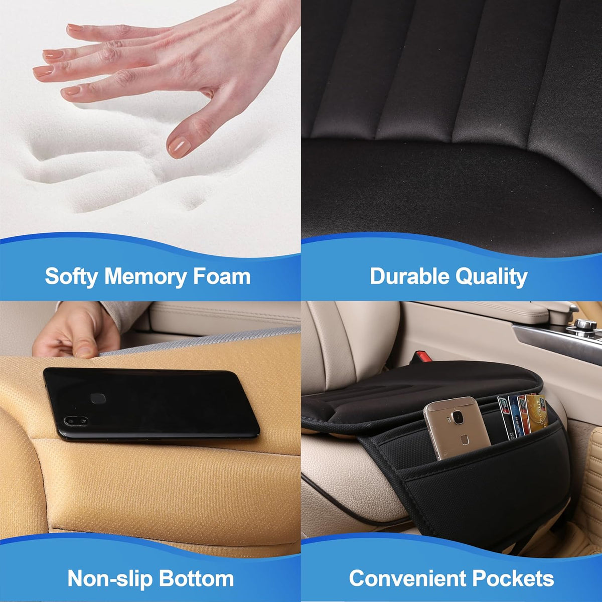 Premium Car Seat Cushion, Driver Cushion with Comfort Memory Foam & Non-Slip Rubber Bottom, Car Seat Pad Works with 95% of Vehicles and Office Chair or Home (Black)