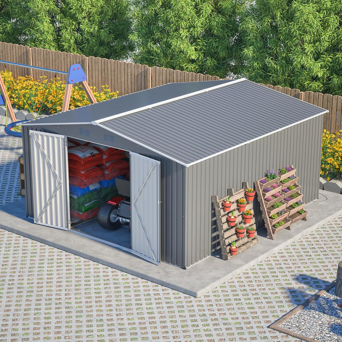 Outdoor Storage Shed, 12 X 14ft Metal Galvanized Steel Garden Shed with Floor Frame, Utility Tool Shed Storage House with Window for Backyard, Patio, Lawn