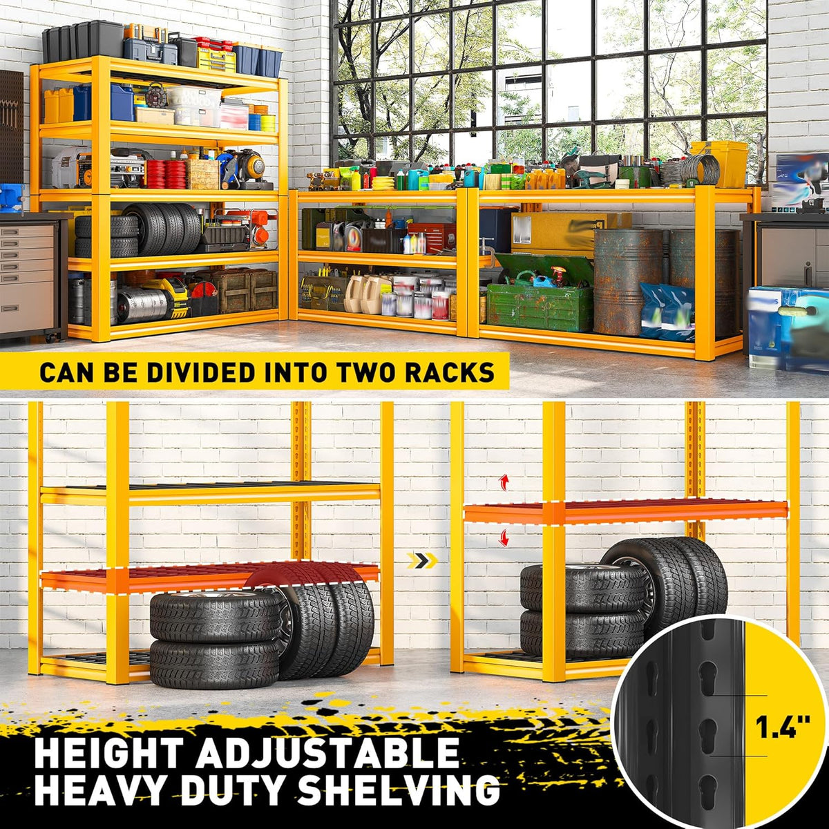 REIBII Garage Shelving Load 3000LBS, 5-Tier Storage Shelves, Adjustable Heavy Duty Metal Shelving Unit for Pantry, Basement, Warehouse, 72" H x 36" W x 16" D