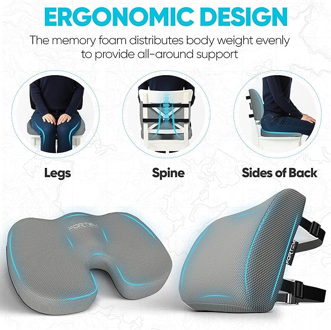 FORTEM Seat Cushion, Office Chair Cushion, Lumbar Support Pillow for Office Chair, Memory Foam Sciatica Coccyx Tailbone Pressure Pain Relief, Car Sitting Pad, Washable Non Slip