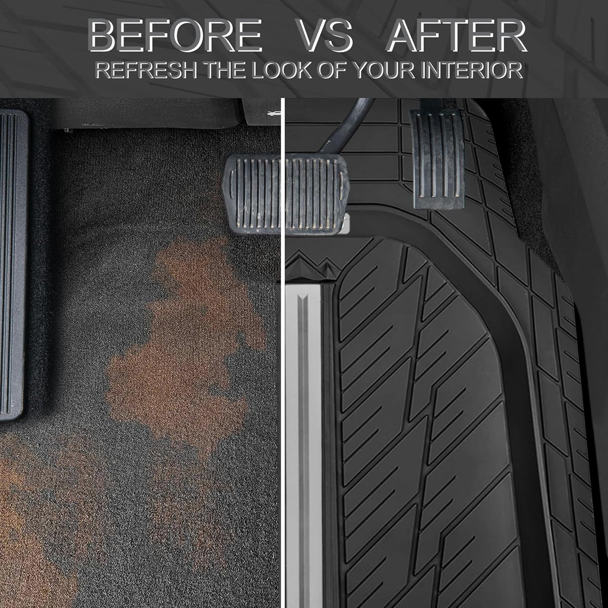 CAR PASS Tire Tread DeepDish Rubber Floor Mats for car Heavy Duty car mats All Weather, Universal XL~M Trim to Fit for Truck SUV Vehicle Automotive, Waterproof car mats 3 Piece(Gray Black)