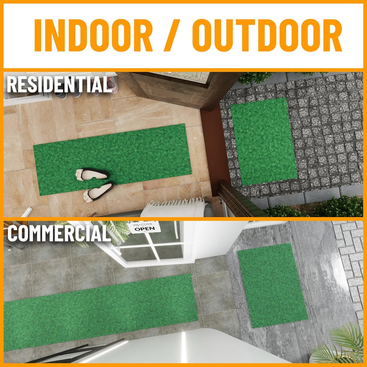 Ottomanson 2' x 20' Hallway Runner with Scraper Pile Extra Durable Non-Slip Rug Mat for Indoor & Outdoor Use - Ideal for Kitchen, Entryway, Patio & Garage - High-Traffic Carpet, Green