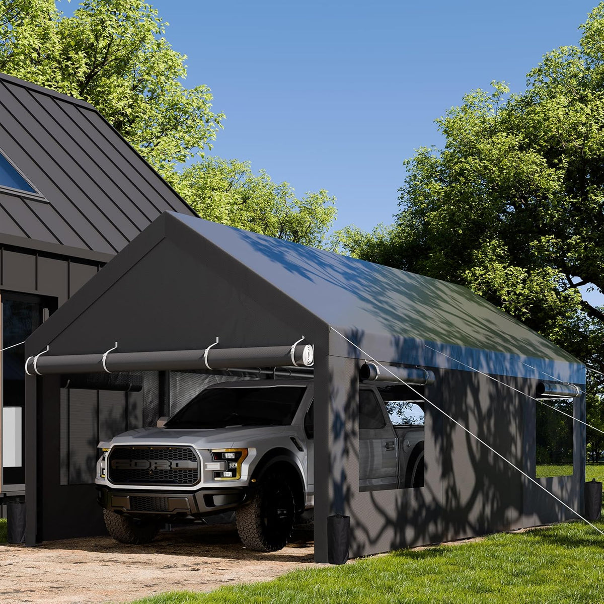JAMFLY Carport, 10x20 ft Heavy Duty Carport with Roll-up Windows, Portable Garage with Removable Sidewalls & Doors, Car Canopy with Sandbags and All-Season Tarp for Car Boat Truck Motorcycle, Grey