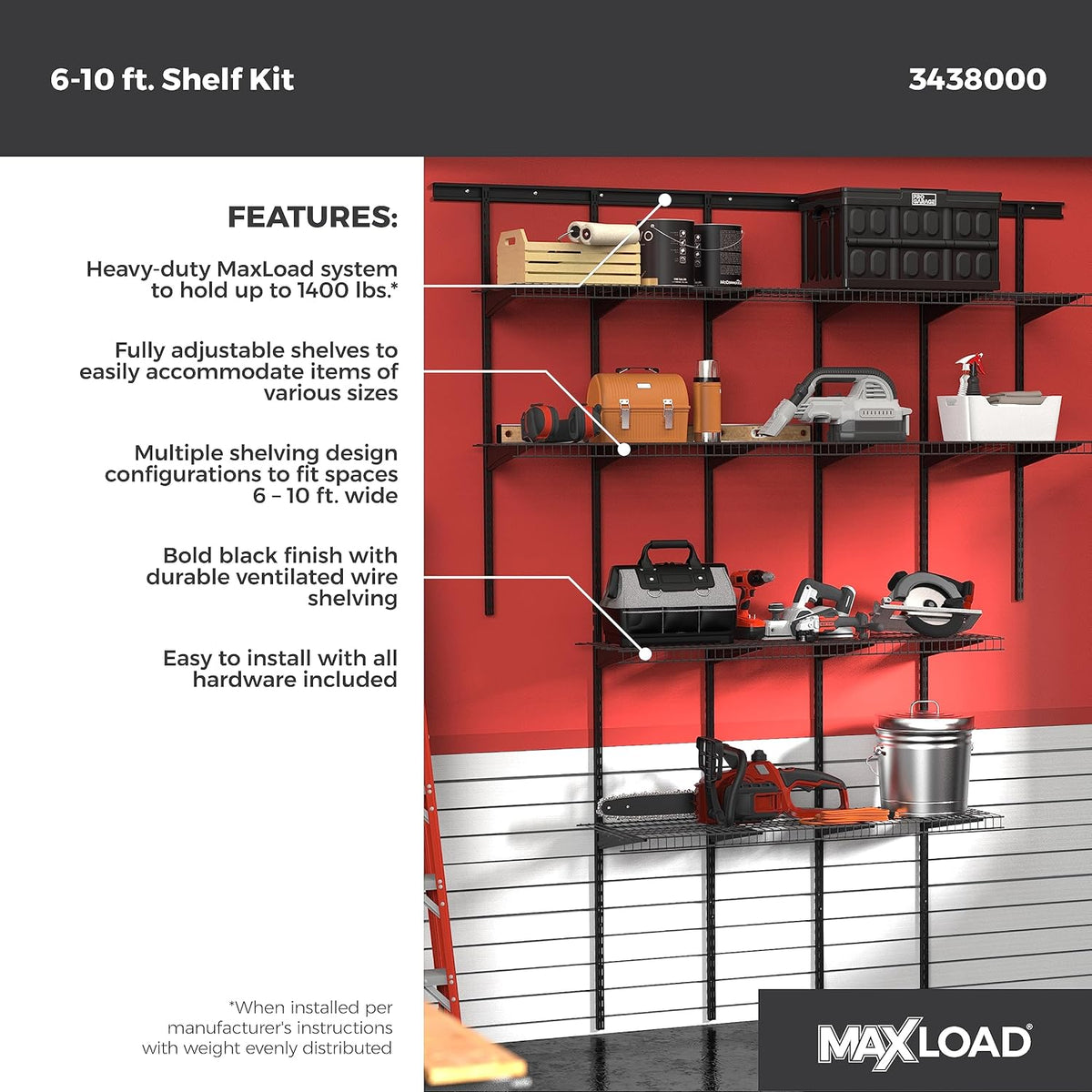 ClosetMaid MaxLoad Heavy Duty Wall Shelf Kit for Garage, 6 – 10 Ft., Adjustable ShelfTrack Wire Shelving, Black Finish