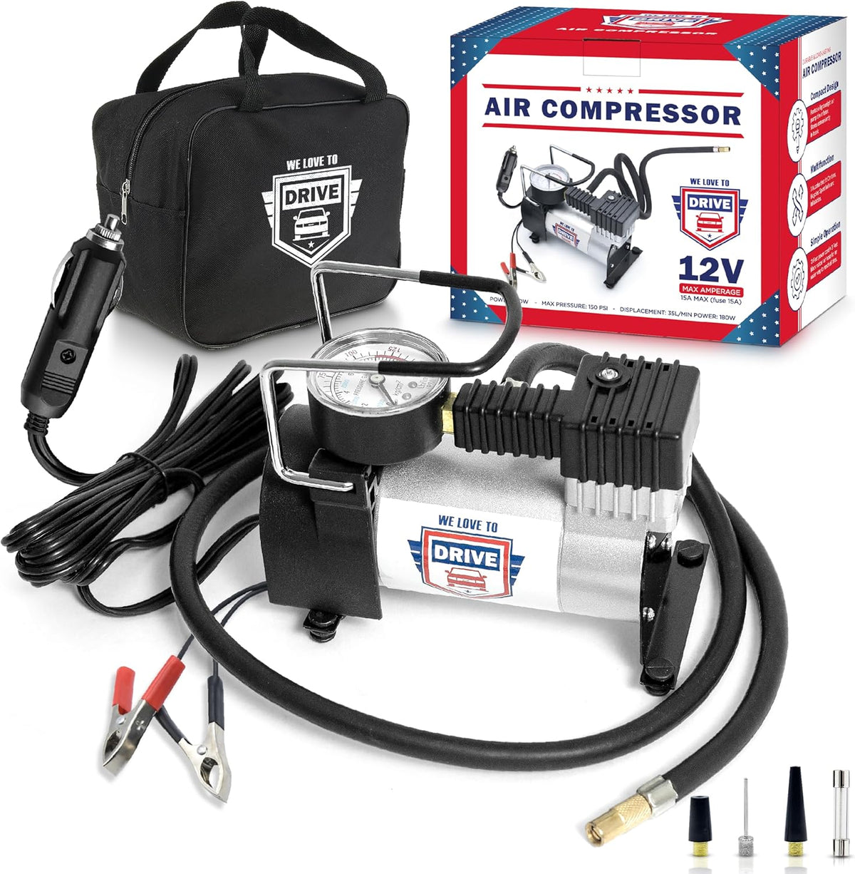 Tire Inflator Portable Air Compressor For Car Tires & Inflatables, 12V DC One Cylinder Air Pump For Emergency Kit with 150 PSI Pressure Gauge, Adaptors, Hose, Car Plug, Clip Connectors & Carry Bag