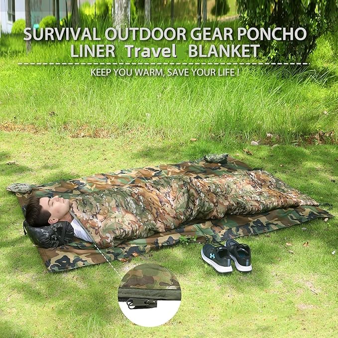 Camo Poncho Liner, Army Blanket, Military Sleeping Bag, with A Compression Carrying Bag, for Traveling, Hiking, Camping, Outdoor Survival, Car Blanket