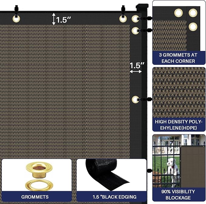 Windscreen4less Privacy Fence Screen Heavy Duty Windscreen Fencing Mesh Fabric Shade Net Cover with Brass Grommtes for Outdoor Wall Garden Yard Pool Deck, 8'x68' Brown