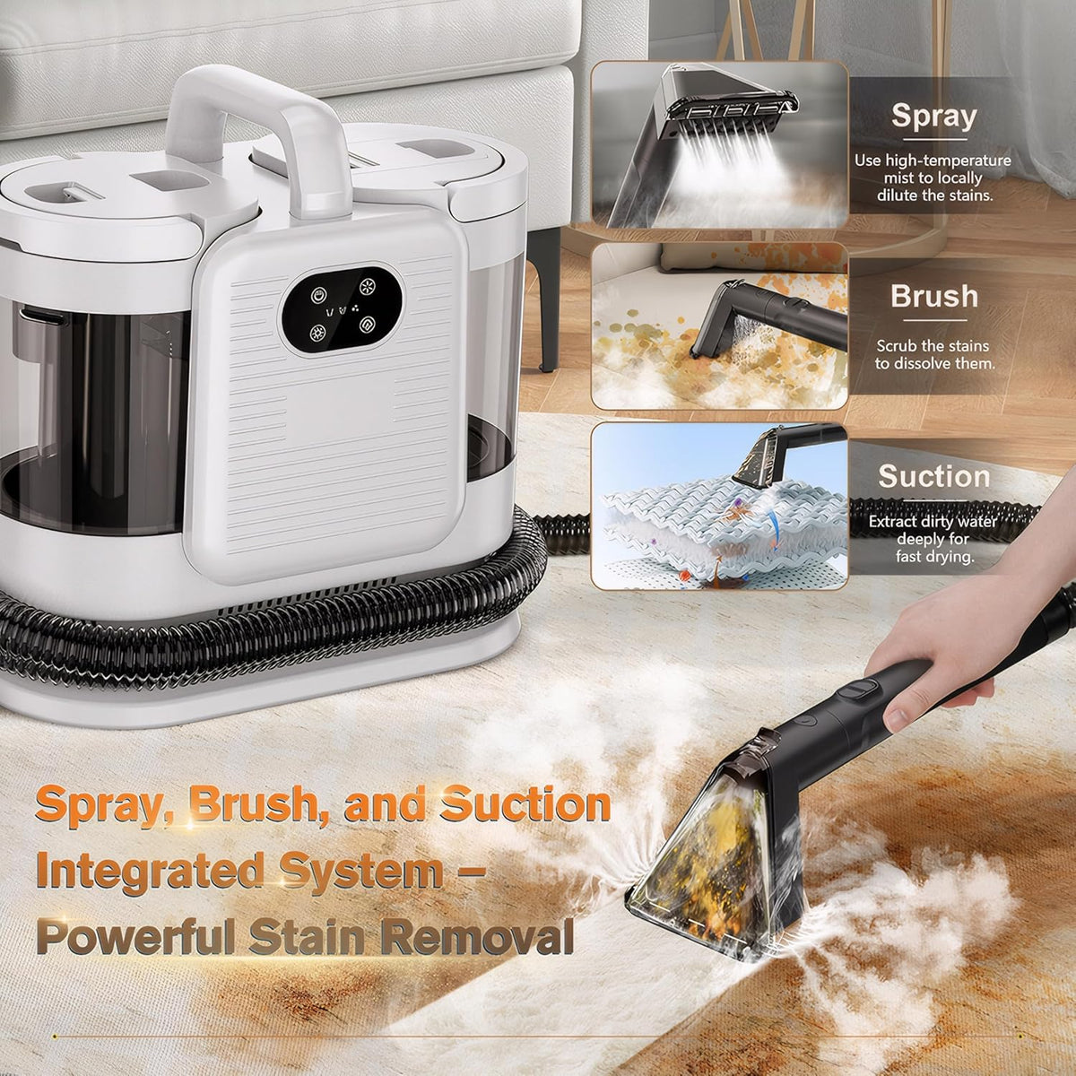 Upholstery Steam Cleaner for Couch & Furniture – 1650W 15KPa Powerful Suction Portable Carpet Spot Cleaner Machine with 4 Cleaning Modes, Ideal for Sofa, Car Seat, Rug, Mattress & Pet Stains, White