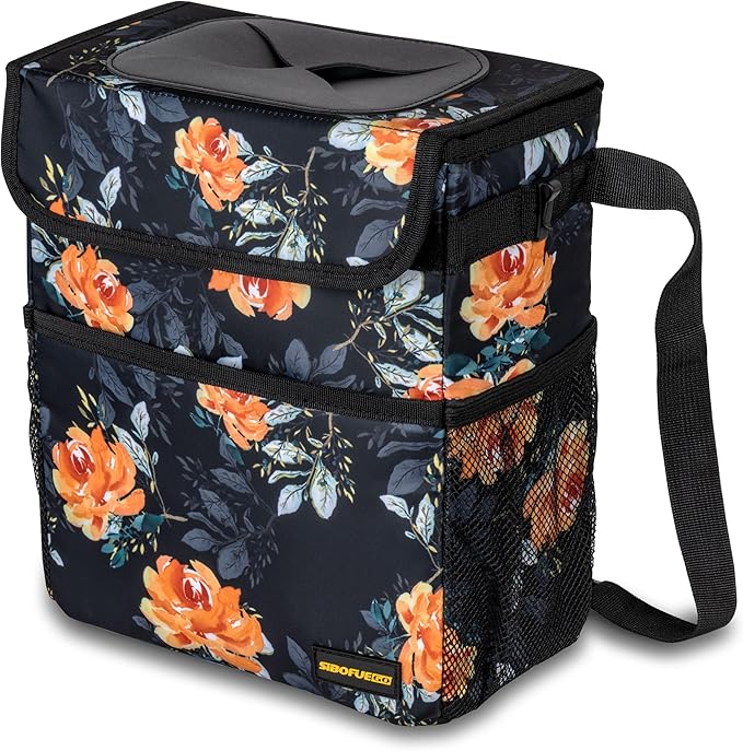 SIBOFUEGO Cute Car Trash Can with Lid – Multipurpose Collapsible Trash Bin for Car, Leak-Proof Organizer, Waterproof Garbage Can with Storage Pockets & Adjustable Straps, 2 Gallons (Flower)