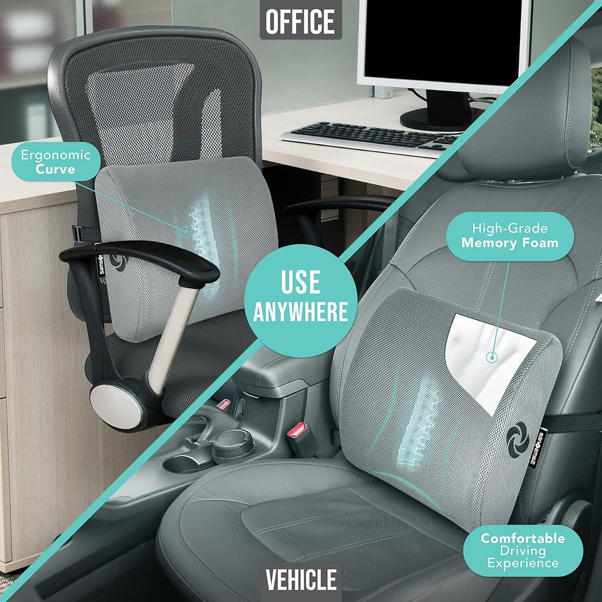 SAMSONITE Lumbar Support Pillow for Office Chair and Car Seat, Perfectly Balanced Memory Foam, Versatile Use Lower Back Cushion, Gray