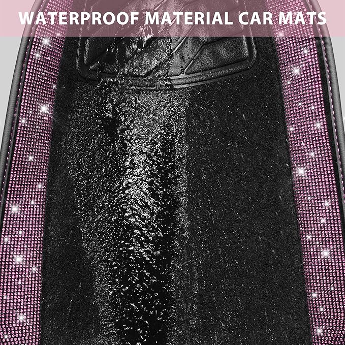 CAR PASS Bling Diamond Car Floor Mat Shining Rhinestones Carpet, Sparkly Glitter Crystal Anti-Slip PVC Heel Pad Automotive Universal Fit for SUV Sedan Car Van, 4pcs for Girl Cute Women, Black Pink