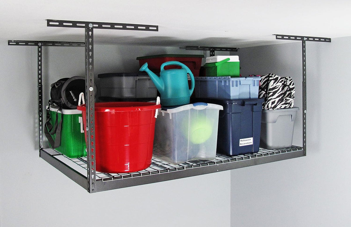MonsterRax Overhead Garage Storage Racks 4x6, Ceiling Mounted Shelving, Adjustable Hanging Storage Organizer, Heavy Duty Steel, Holds 500 Pounds, Color: Hammertone, Adjusts 18"-33” off Ceiling