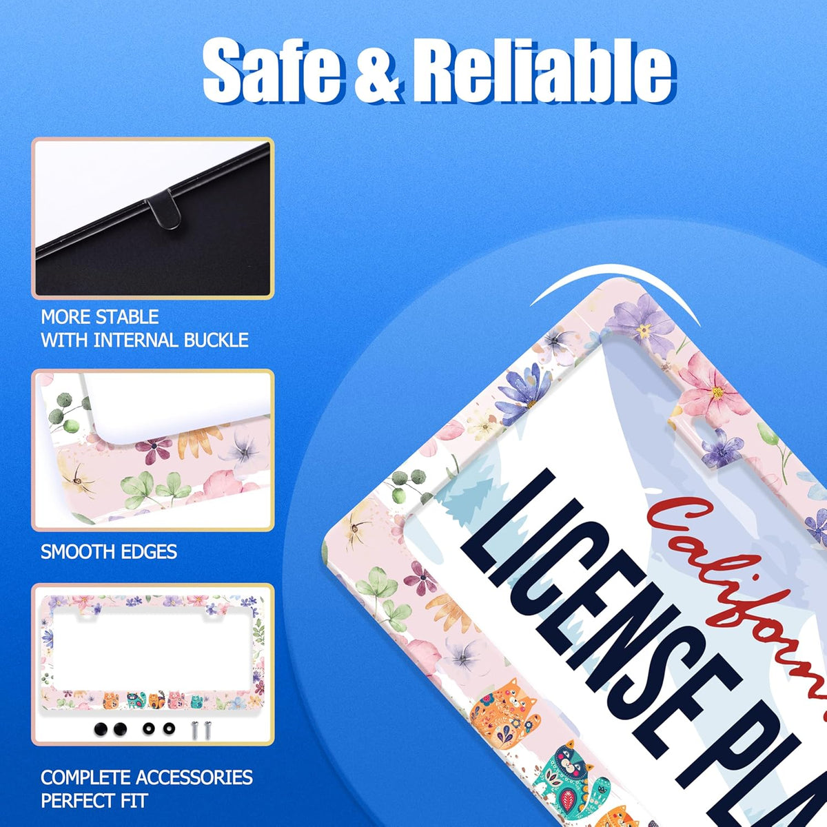 Cat and Flowers License Plate Frame Beautiful Floral Animals License Plate Stainless Steel Funny License Plate Holder for Men Women Colorful Cats Car Accessories Decoration 12.3" x 6.3"
