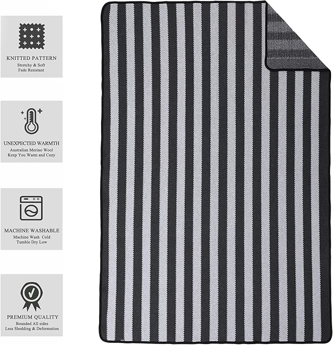PuTian Merino Wool Blanket - 63" x 51" Thick Warm Soft Twin Bed Throw - Great for Camping, Outdoors, Travel, Car, Couch, All Seasons Grey Stripe