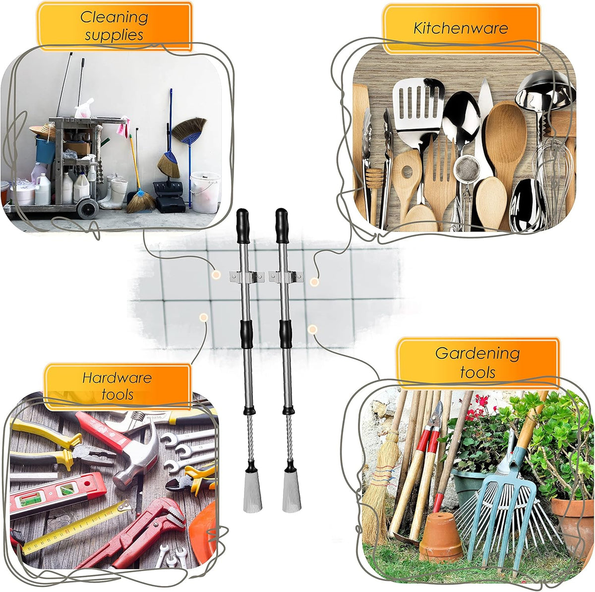 Self Adhesive Broom and Mop Holder Wall Mounted – SUS304 Stainless Steel 2-Slot Organizer with Anti-Slip Rubber Grips, 25lb Load, Adjustable for 0.6–1.4" Handles, Garage Kitchen Bathroom Use, 2 Pack