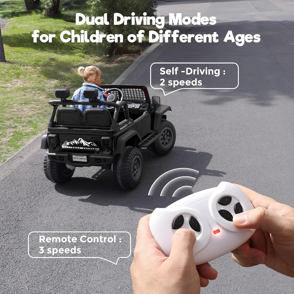 2 Seater Ride on Car, 12V 7AH Electric Car with Parent Remote Control, Spring Suspension, LED Headlight & Music Player, 3 Speeds Kids Cars to Drive (Black)