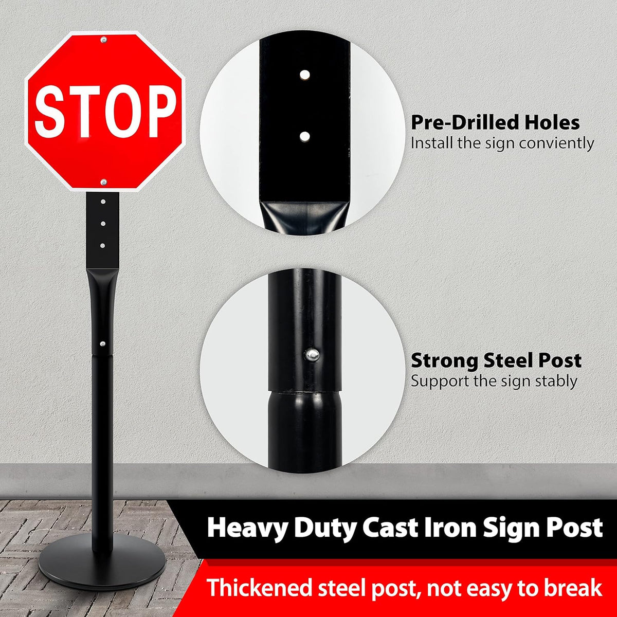 2Pack Heavy Duty Cast Iron Sign Stand - 48" Outdoor Portable Pedestal Post - Display Road Sign, Construction Sign Holder (Black)