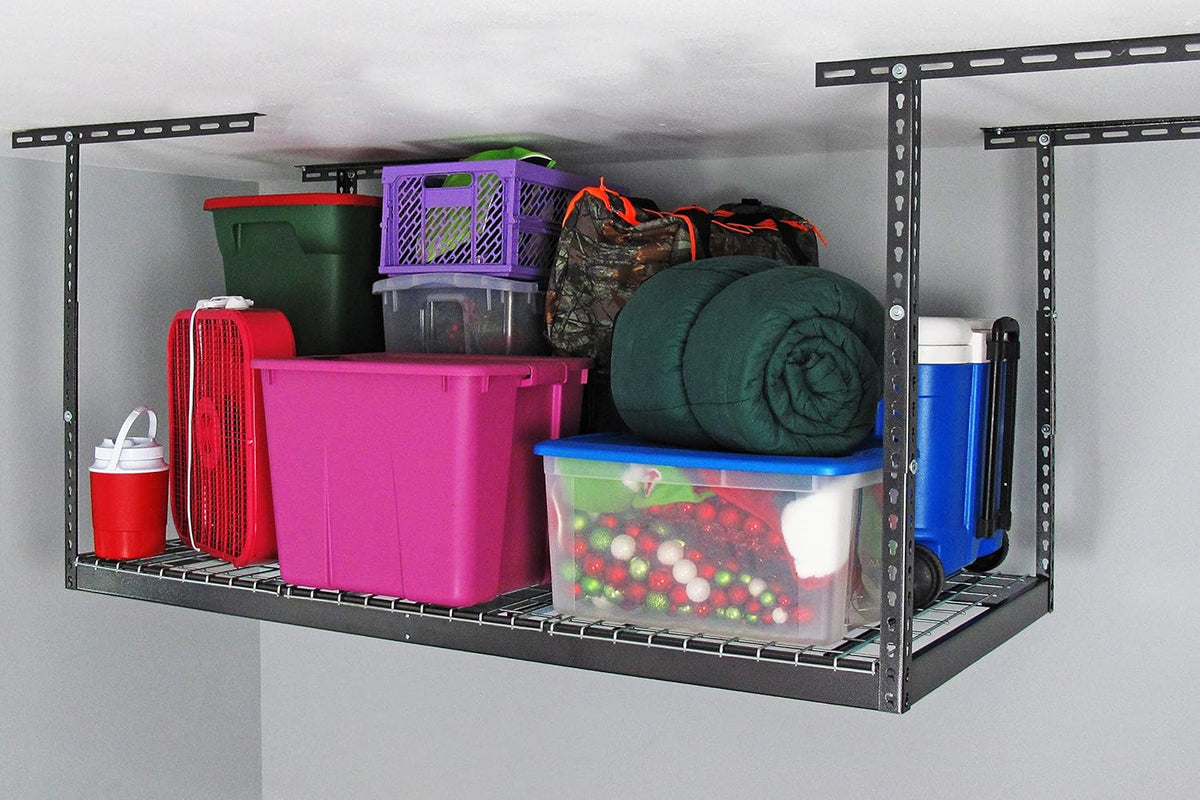 MonsterRax Overhead Garage Storage Rack - Heavy Duty Racks for Garage with 400 lb Capacity, Easy Garage Shelving, Adjustable Storage Rack, Ceiling Mount Storage Shelves 3x6 Hammertone (12"-21")