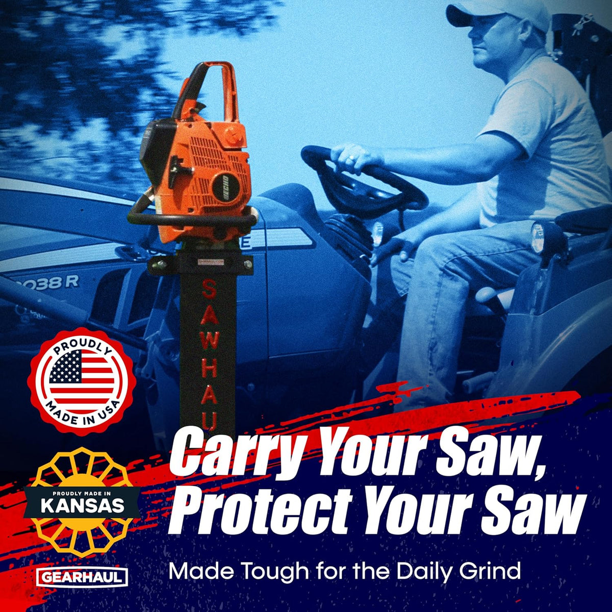 SawHaul Universal Tractor Chainsaw Holder - Made in Kansas USA - Fixed Mount Chainsaw Carrier (36" Red) Compatible w/All Brands