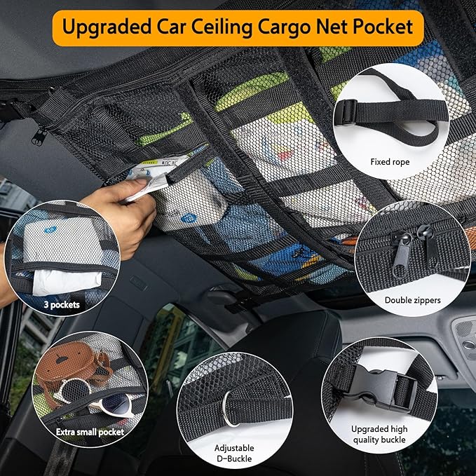 Car Ceiling Cargo Net with 3 Pockets,31.5"x21.6" Car Overhead Storage Mesh Organizer,Double Layer Roof Mesh Camping Overlanding Gear Must Haves Cargo Net,Road Trip Essentials