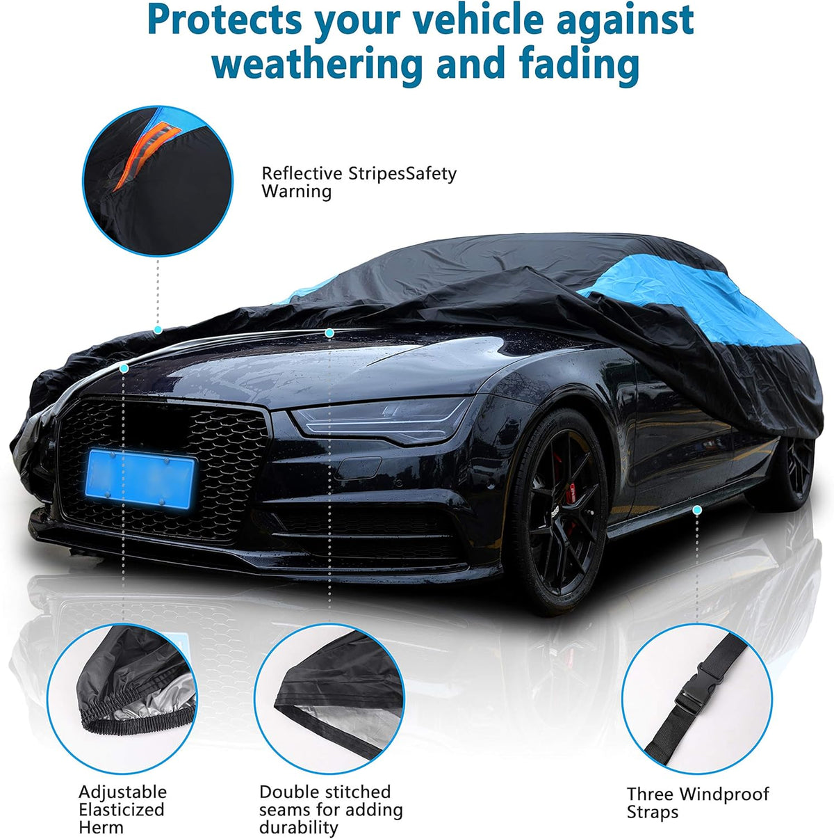 MORNYRAY Waterproof Car Cover All Weather Snowproof UV Protection Windproof Outdoor Full car Cover, Universal Fit for Sedan (Blue, A6-Fit Sedan Length(207-216 inch)