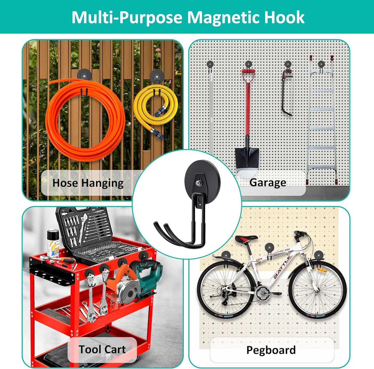 ENUODA Strong Magnetic Hooks Heavy Duty - Magnetic Tool Holder Large Magnet Garage Hooks for Hanging Power Tools, Ladder, Bike, Shovel, Hose, Extension Cord, 2 PCS