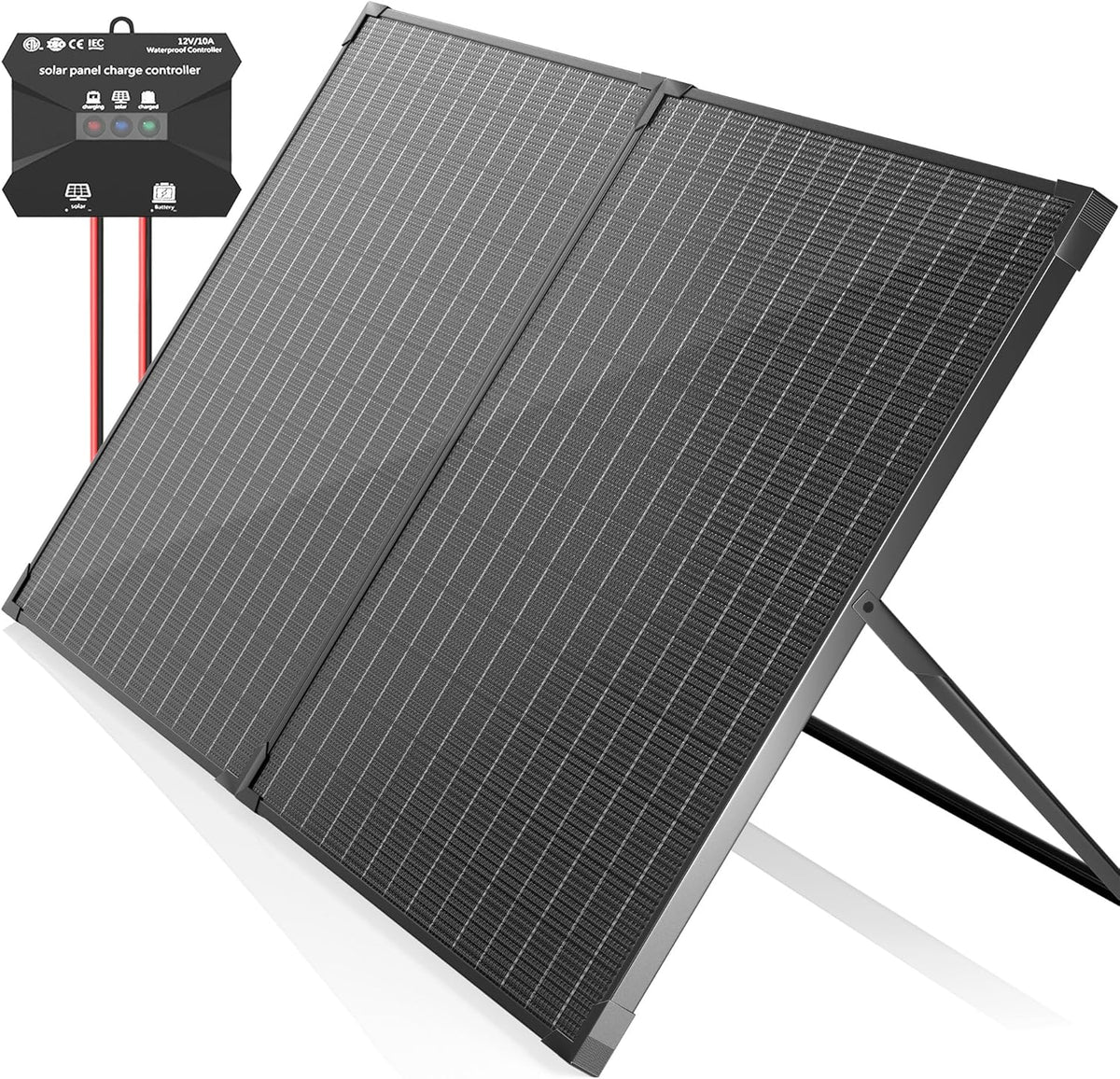 100 Watt 12 Volt Portable Solar Panel with Waterproof 10A Charger Controller, Foldable 100W Solar Charger Suitcase with H-Bracket for Power Station, Car, Camping, RV, Boat and Outside