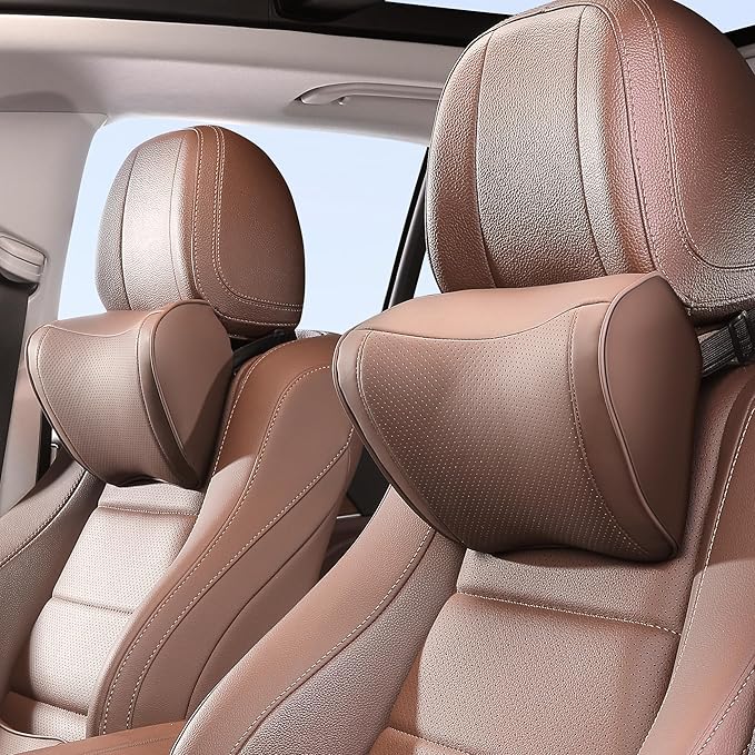 Car Headrest Pillow Memory Foam Breathable Removable Leather Cover Premium Seat Support Head Neck Cushion for Driving Traveling Home Office, Brown, 2 Pack