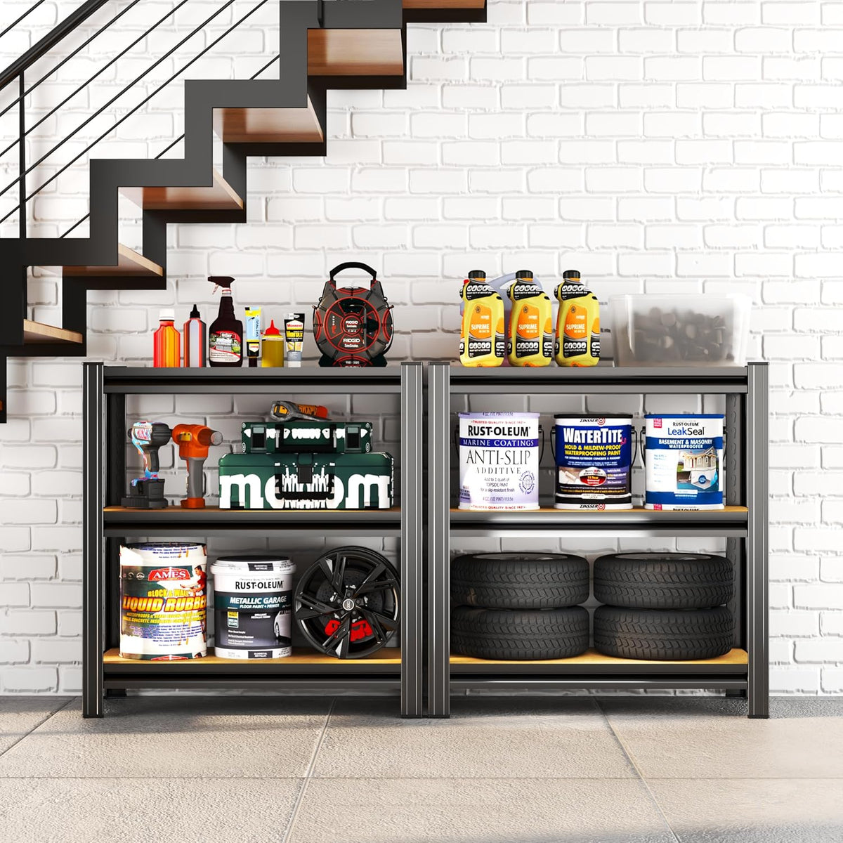 Garage Shelving, 3-Tier Adjustable Storage Shelves, Metal & Wood Pantry Shelf Organizer, Modern Garage Shelving Unit, Utility Storage, 29" W x 30" H x 12" D