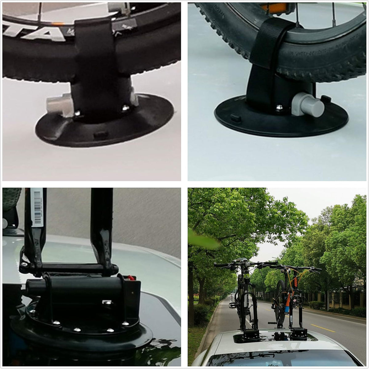Bike Rack for Car Roof, Vacuum Suction Cup Bicycle Carrier Aluminium Alloy Roof Rack, with 5 Adapters for Most Bikes, 9x100mm/12x100mm/15x100mm/15x110mm/20x100mm/20x110mm (10" Suction Cup)