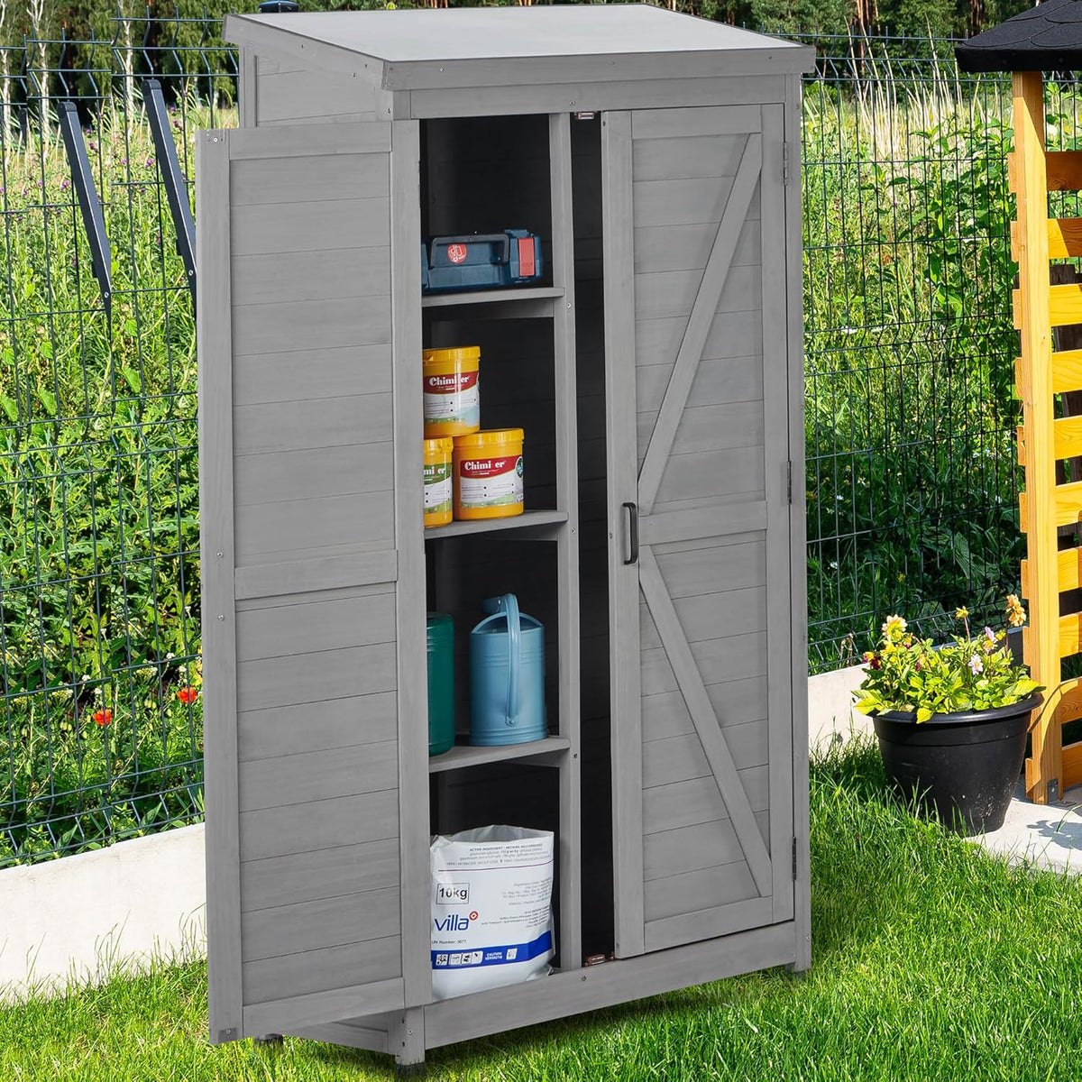 Outdoor Storage Shed Waterproof, Potting Shed with Storage Cabinet and Metal Table Top for Backyard Garden Patio, Outdoor 68 Inches Wood Tall Shed