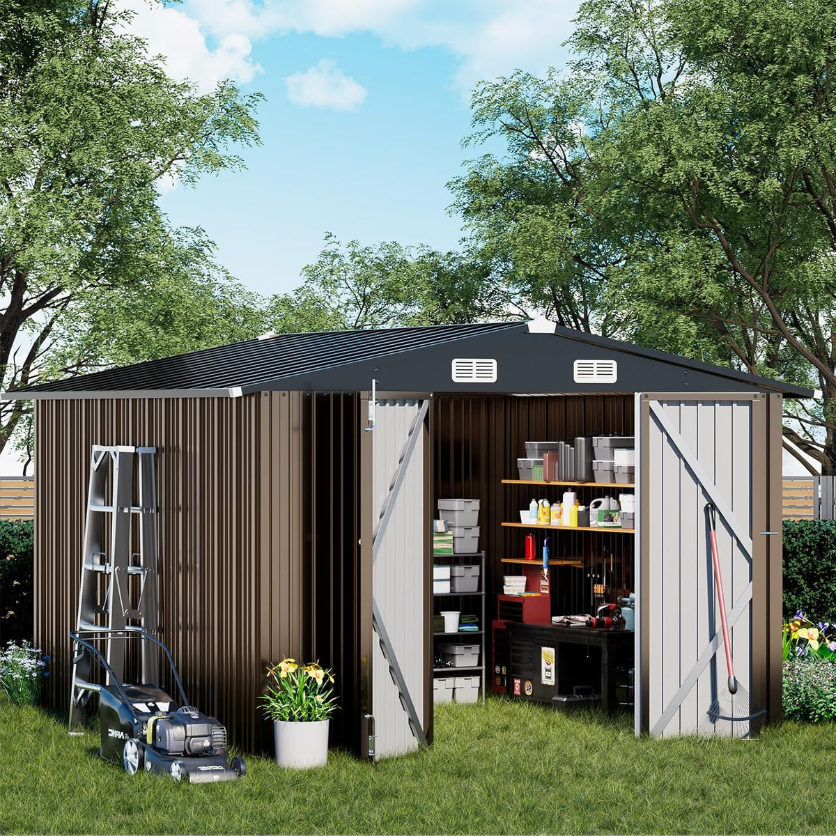 COMHOMA Shed Outdoor Storage Shed Metal,Lockable Doors Tool Sheds with Sloping Roof,Steel Garden Shed with Air Vent for Backyard,Patio,Lawn,Poolside (Brown, 10'*10')