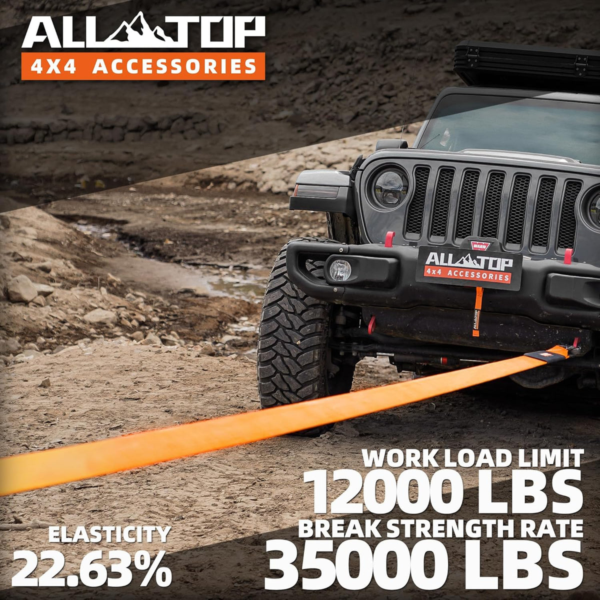 ALL-TOP Recovery Snatch Strap, 3in x 30ft - 35000Lbs, Heavy Duty 100% Nylon Kinetic Towing Recovery Strap with 22% Elongation & Reinforced Loops