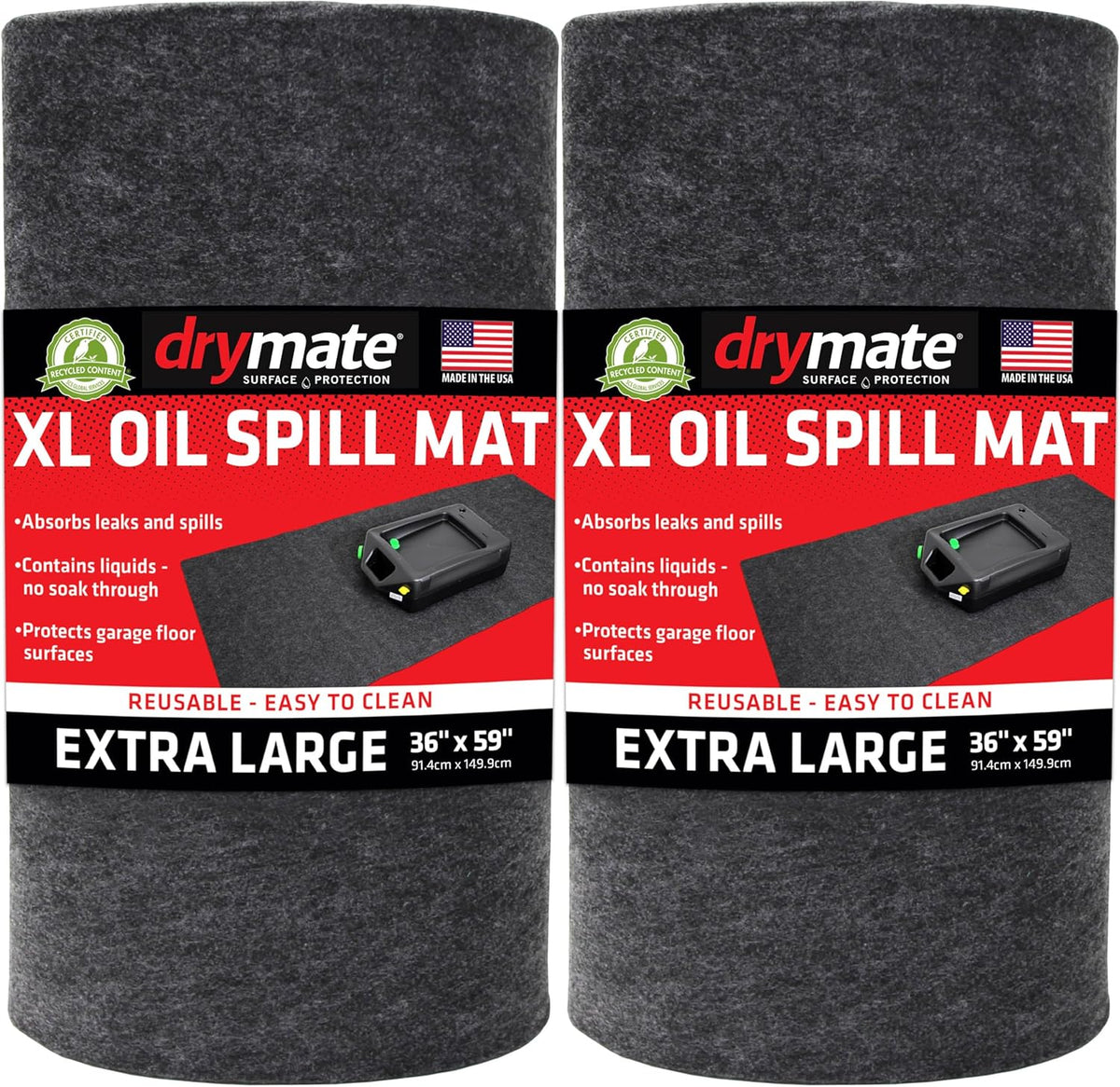 Drymate XL Oil Spill Mat (36" x 59") (2-Pack), Premium Absorbent Oil Pad, Reusable, Washable, Durable, Waterproof Backing Contains Liquids, Protects Garage Floor Surface (USA Made)