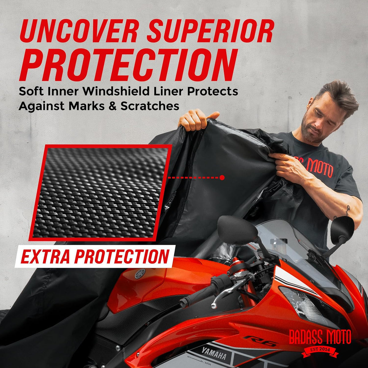 Badass Moto Ultimate Motorcycle Cover Waterproof Outdoor Heavy Duty Fits Harley Davidson Sportster Cover Durable Rain Sun Weather Shelter For Triumph, Fat Bob, Indian Scout, Sport Bike, Medium Cruiser