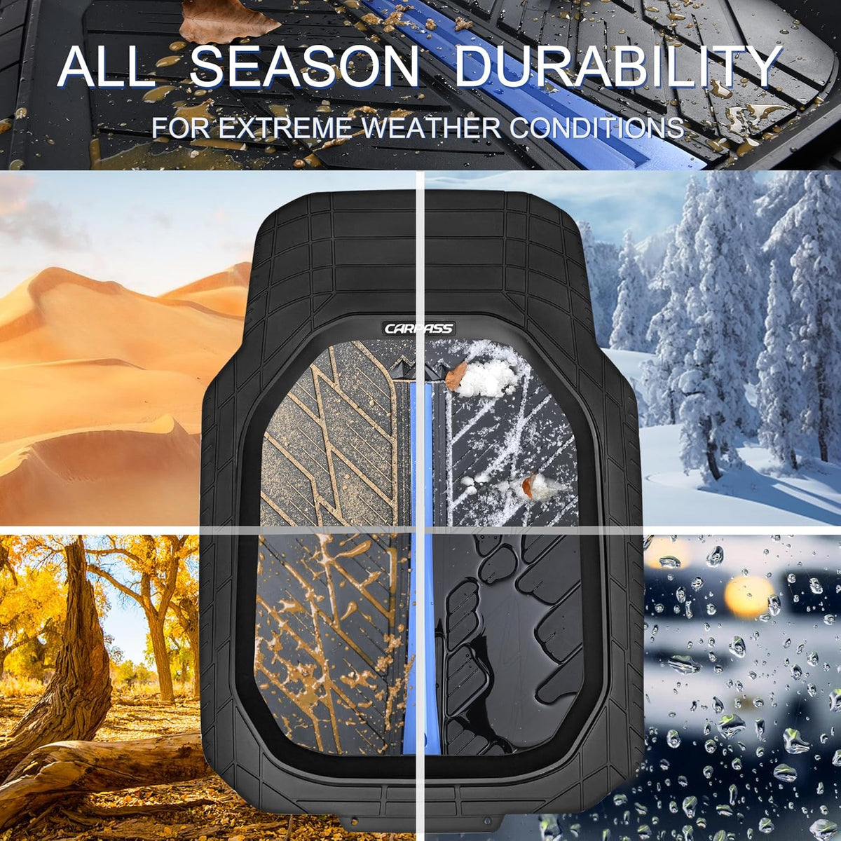 CAR PASS Tire Tread DeepDish Rubber Floor Mats for car Heavy Duty car mats All Weather, Universal XL~M Trim to Fit for Truck SUV Vehicle Automotive, Waterproof car mats 3 Piece(Blue Black)