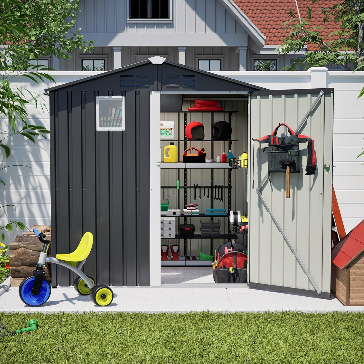 6x4 FT Outdoor Storage Shed,Metal Shed with Window,Garden Shed W/Dual Air Vents & Lockable Sliding Door,All Weather Waterproof Tool House W/Sloped Roof,for Patio,Yard,Lawn,Black