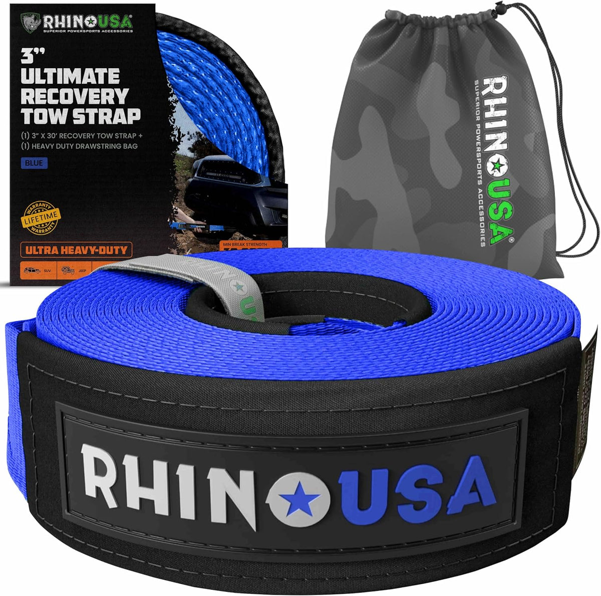 Rhino USA Recovery Tow Strap (3"x30') - 31,518lb Break Strength- Emergency Recovery Strap Tow Rope for Truck, UTV, ATV & More- Heavy Duty Towing Strap for Offroad 4x4 Use - Compatible with Jeep (Blue)