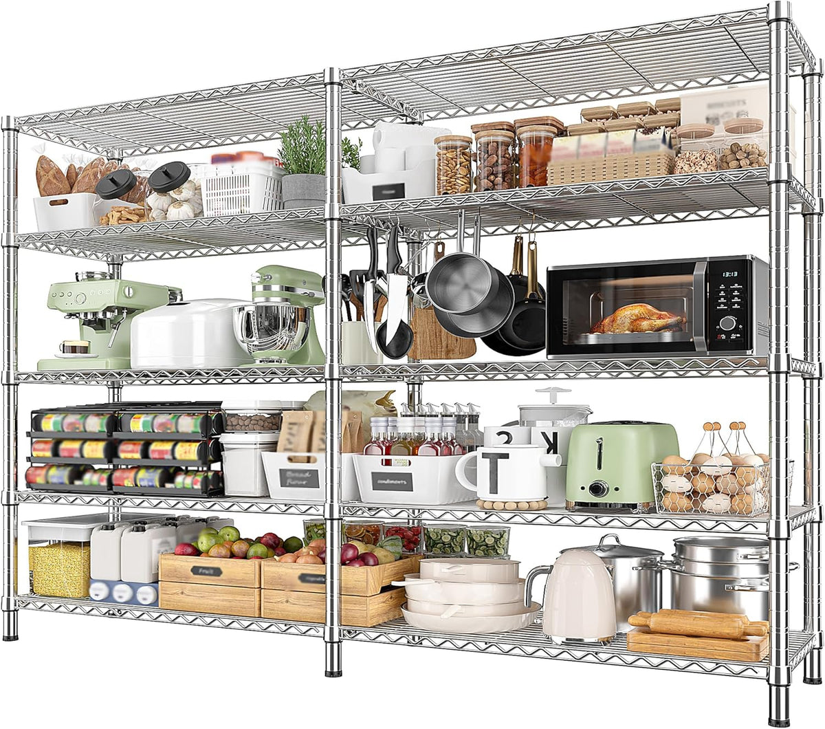 REIBII 1500LBS Storage Shelves 61.7''W Wire Shelving Unit 5 Tier Metal Shelving for Storage Rack Shelves Heavy Duty Garage Shelf Pantry Shelves Kitchen Shelving, 61.7" W*72.4" H*15.8" D, Chrome