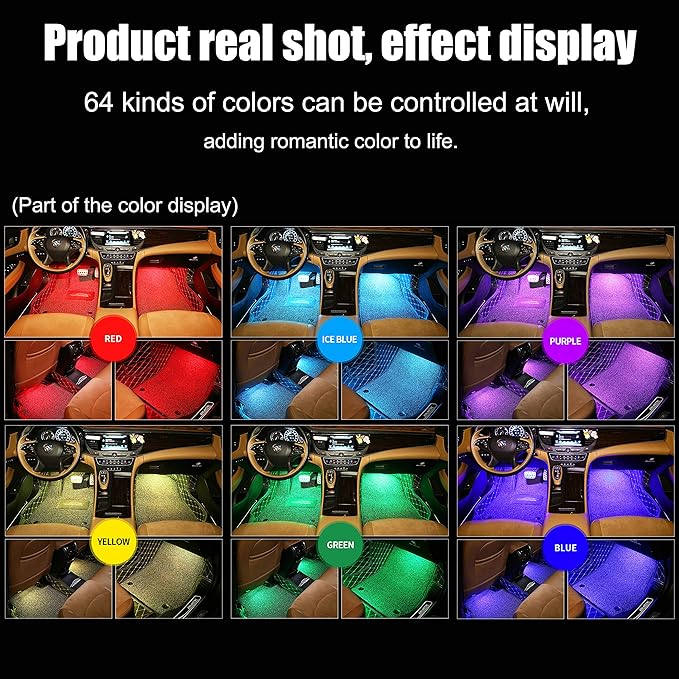 Car Ambient Lighting with Bluetooth App Control 64 Colors Multicoloured Music Interior Footwell Lighting Kit DC 12V 1W