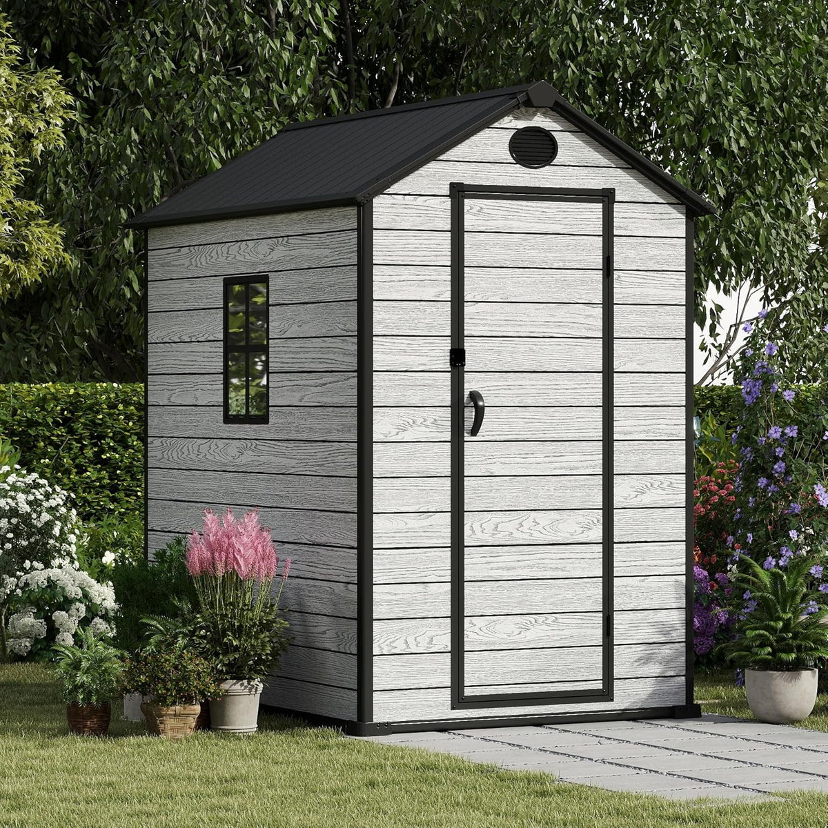 4.4x6 FT Resin Outdoor Storage Shed Large, 230 Cuft Garden Tool Sheds & Outdoor Storage Plastic Shed with Floor, 7FT Tall Backyard Outside Lawn Mower Storage Shed with Side Window, Cemented Grey