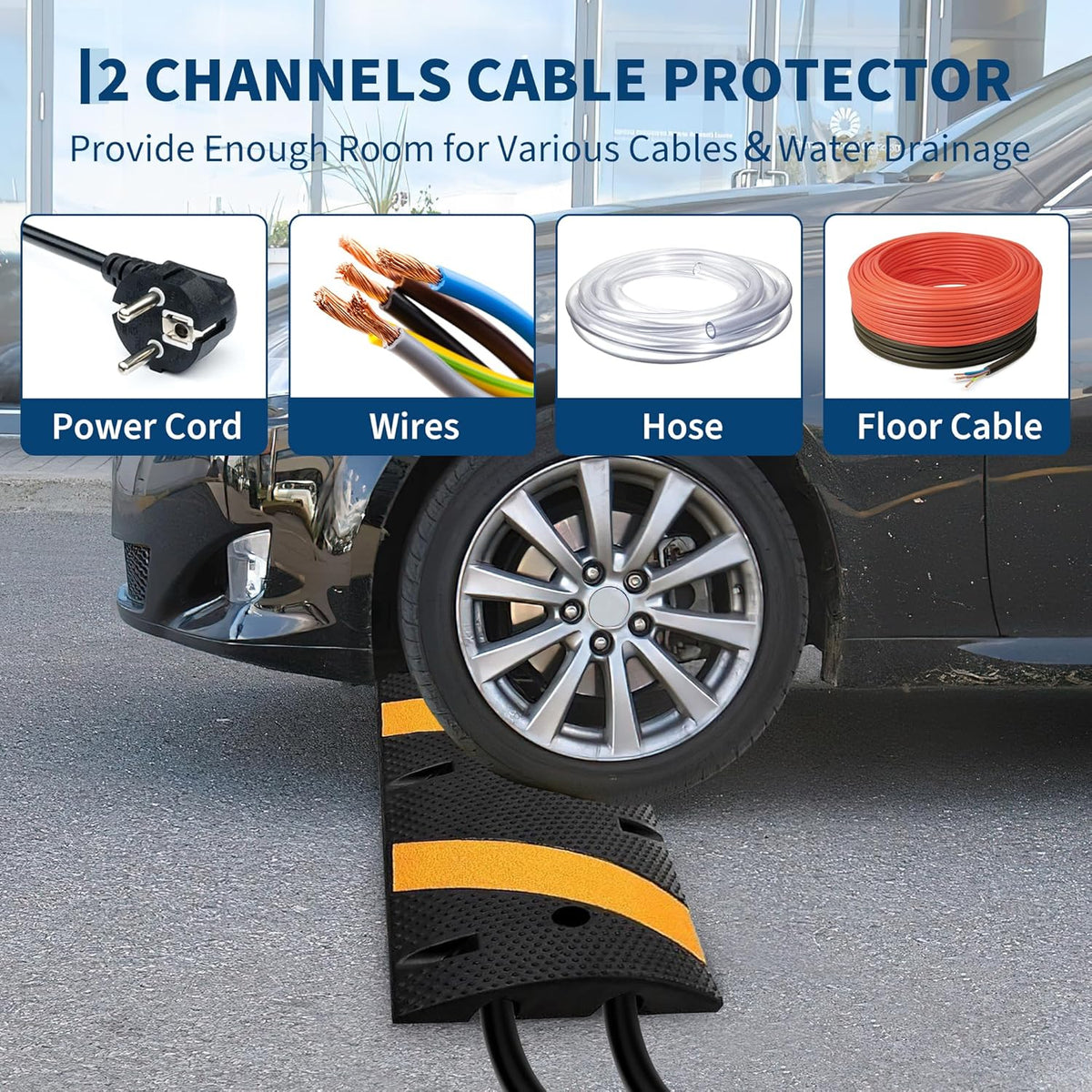6 ft Speed Bumps Wite End for Road, Heavy-Duty 25,000 LBS Capacity Traffic Rubber Speed Humps with 2 Channel Floor Cord Cover for Asphalt Concrete Gravel Driveway Road