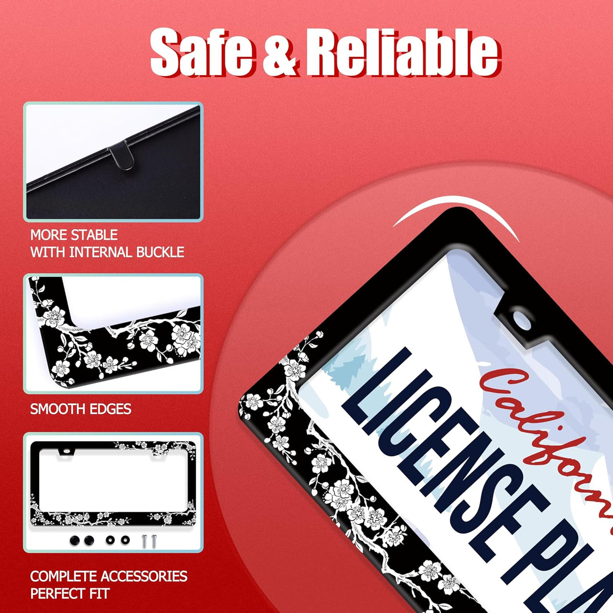 Cherry Blossoms License Plate Frame Beautiful Floral License Plate Frames for Car Decorative Parts Stainless Stee License Plate for Standard Us Canada Funny License Plate Holder 12x6 in for Men Women