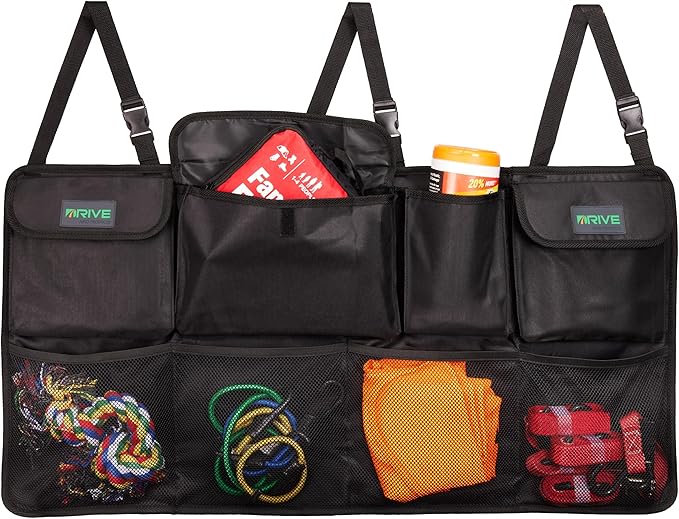 DRIVE - Back Seat Trunk Organizer, Space Saving Hanging Car Organizer, Collapsible Car Storage Bag with 8 Large Pockets for SUV, Black