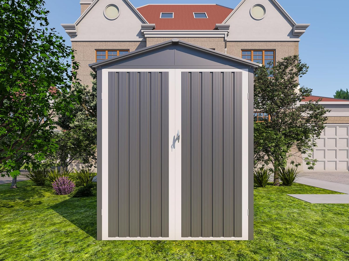Motorcycle Steel Storage Shed with Window,Outdoor Weather-Resistant Storage Box for Bikes, Tools, Sports Equipment,Easy Assembly, No Tracks or Fixtures Needed, 121" W Gray+White