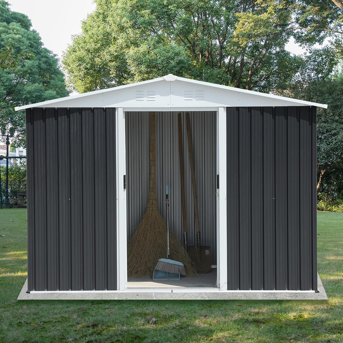 8x6 FT Outdoor Storage Shed,Metal Shed with Sliding Door & Air Vent,Garden Shed W/Sloped Roof,All Weather Waterproof Tool House for Backyard,Patio,Garage,Lawn,Grey
